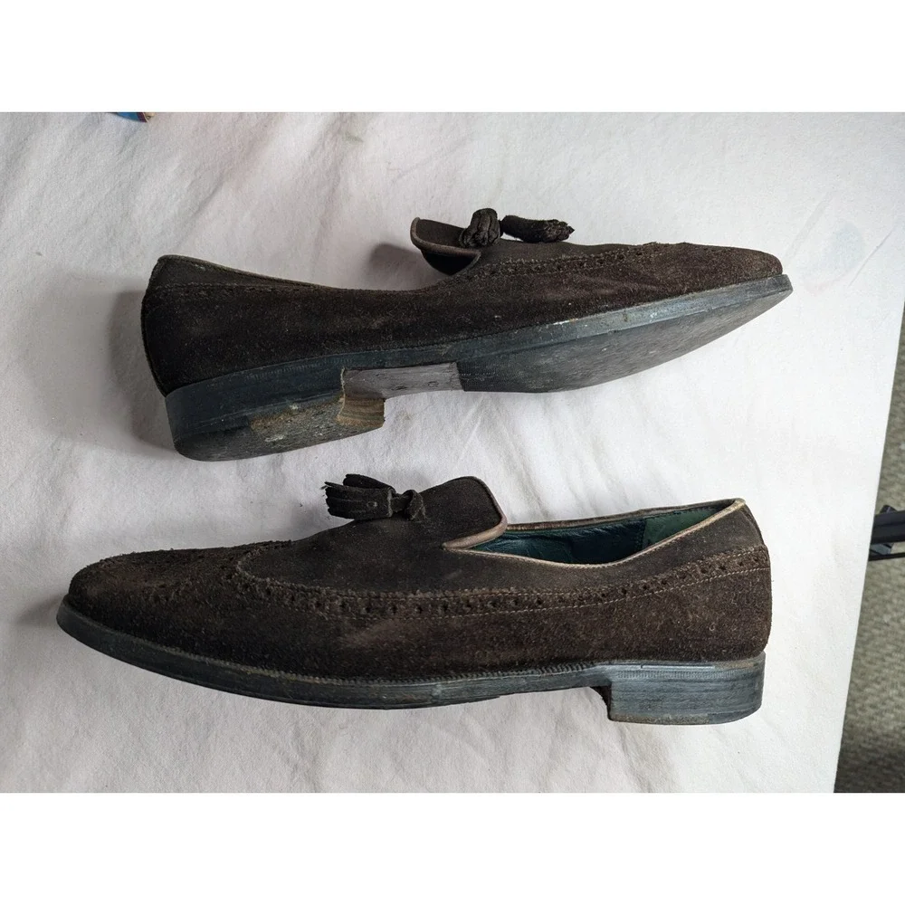 GUCCI VINTAGE brown suede leather mens 42 1/2 Italy Italian tassle loafers shoes